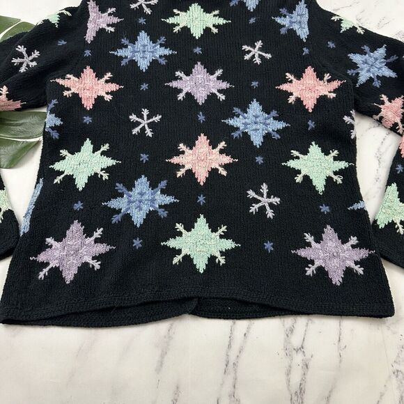 Talbots Womens Vintage 90s Snowflake Cardigan Sweater Size L Black Blue Holiday - Picture 12 of 12